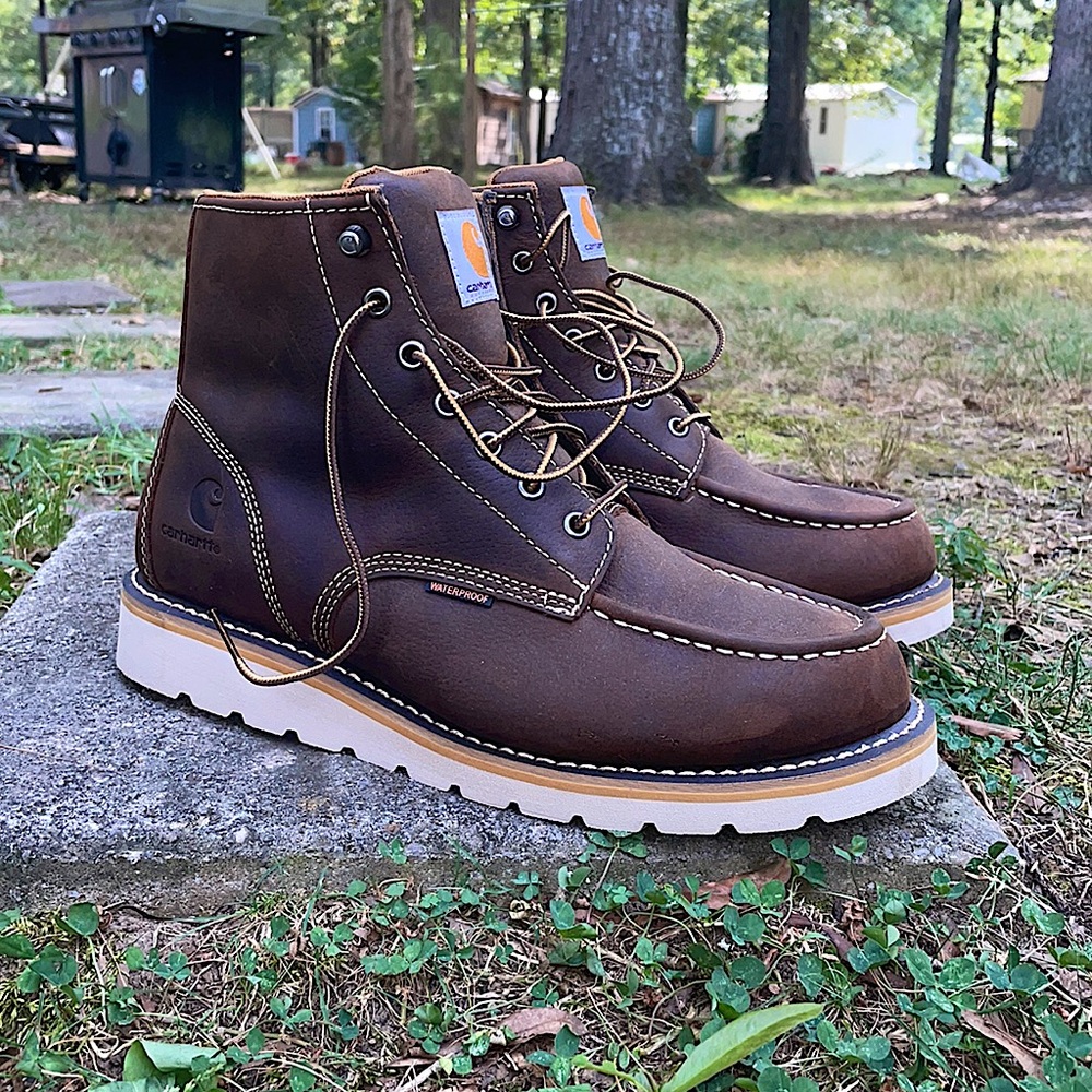 Dark brown carhartt weather proof boots